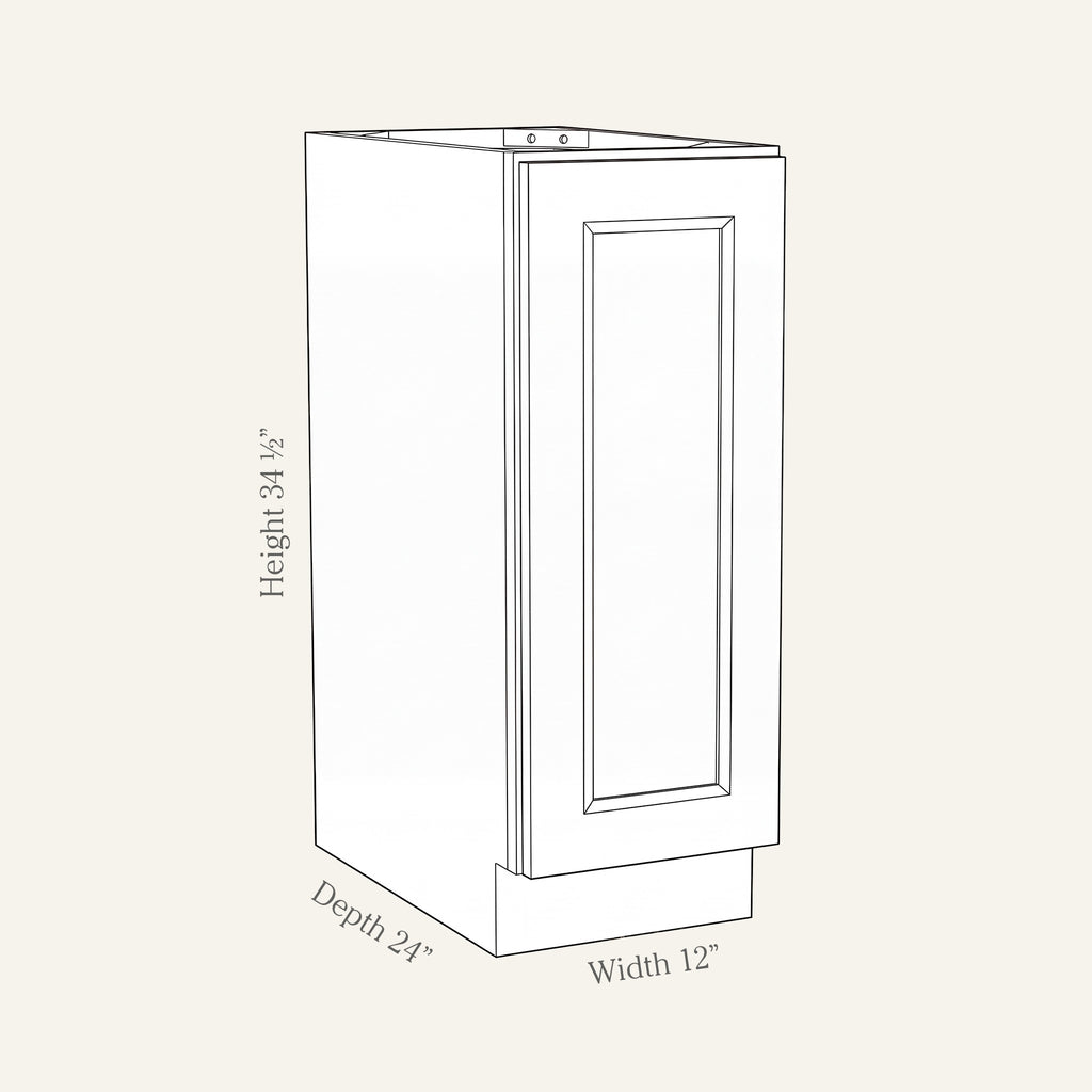 Dimension drawing of a Belmont Shaker full-height base cabinet with 1 door, 12w, 34.5h, 24d.