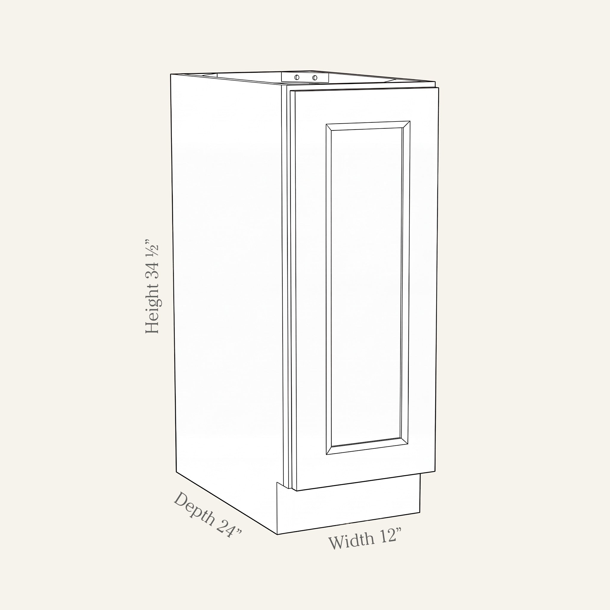 Dimension drawing of a Belmont Shaker full-height base cabinet with 1 door, 12w, 34.5h, 24d.