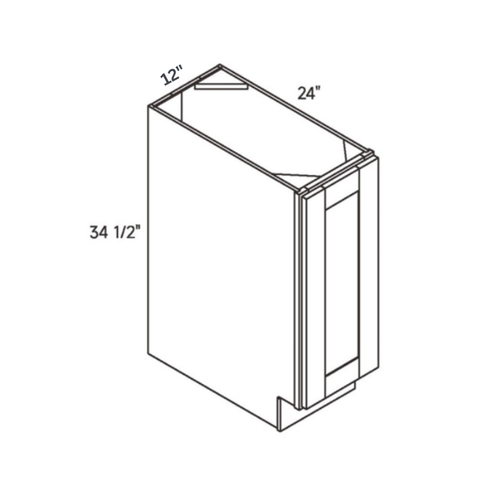 Driftwood traditional shaker full, 12″ wide, 34.5″ high, 24″ deep, shown in a technical line drawing with dimensions. Part of the Seaport line from the Kitchen & Cabinet Store.