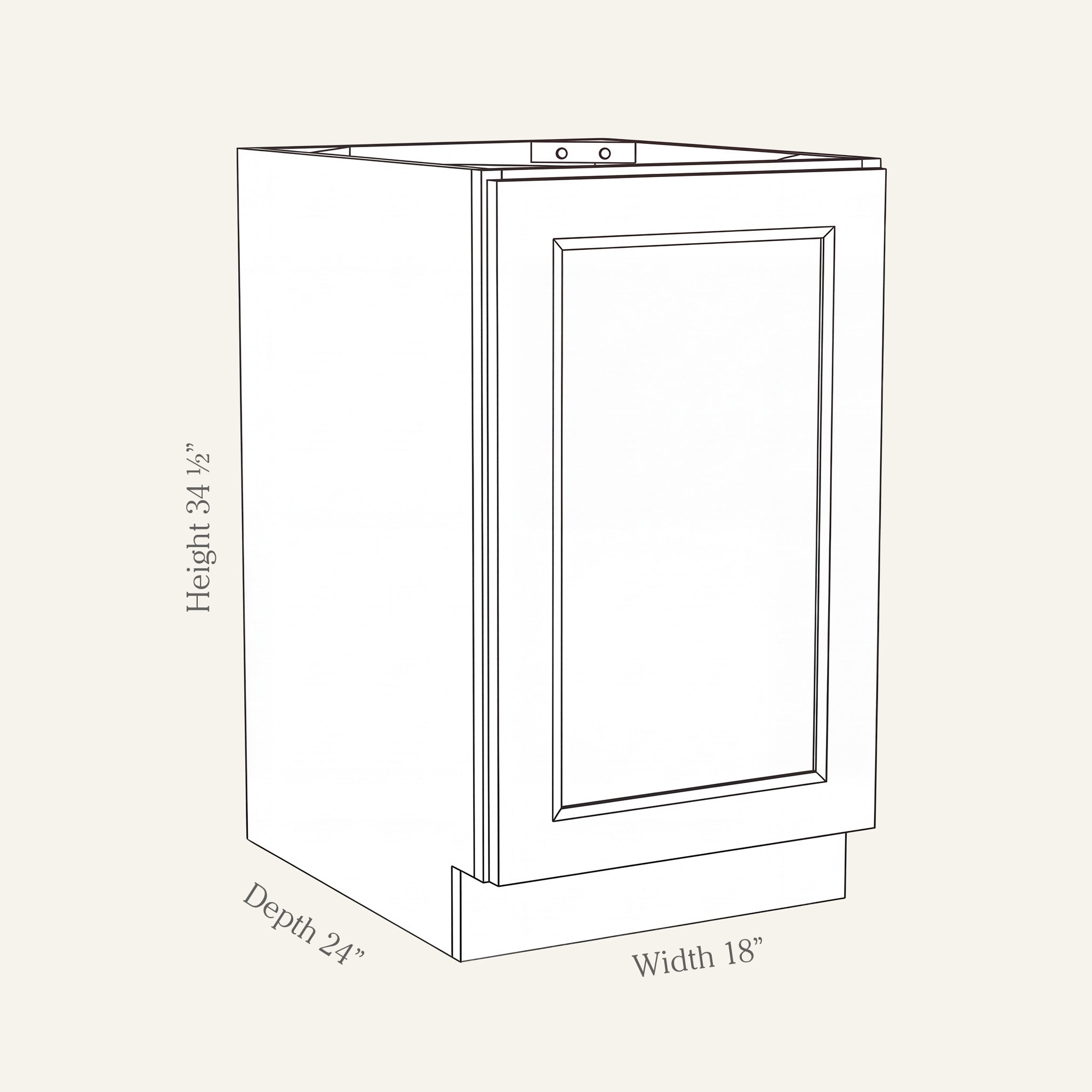 Dimension drawing of a Belmont Shaker full height base cabinet with 1 door, 18w, 34.5h, 24d.