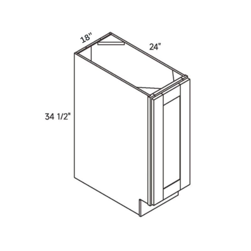 Natural traditional shaker full, 18″ wide, 34.5″ high, 24″ deep, shown in a technical line drawing with dimensions. Part of the Seaport line from the Kitchen & Cabinet Store.