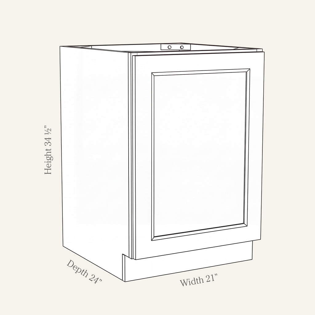 Dimension drawing of a Belmont Shaker full-height base cabinet with 1 door, 21w, 34.5h, 24d.