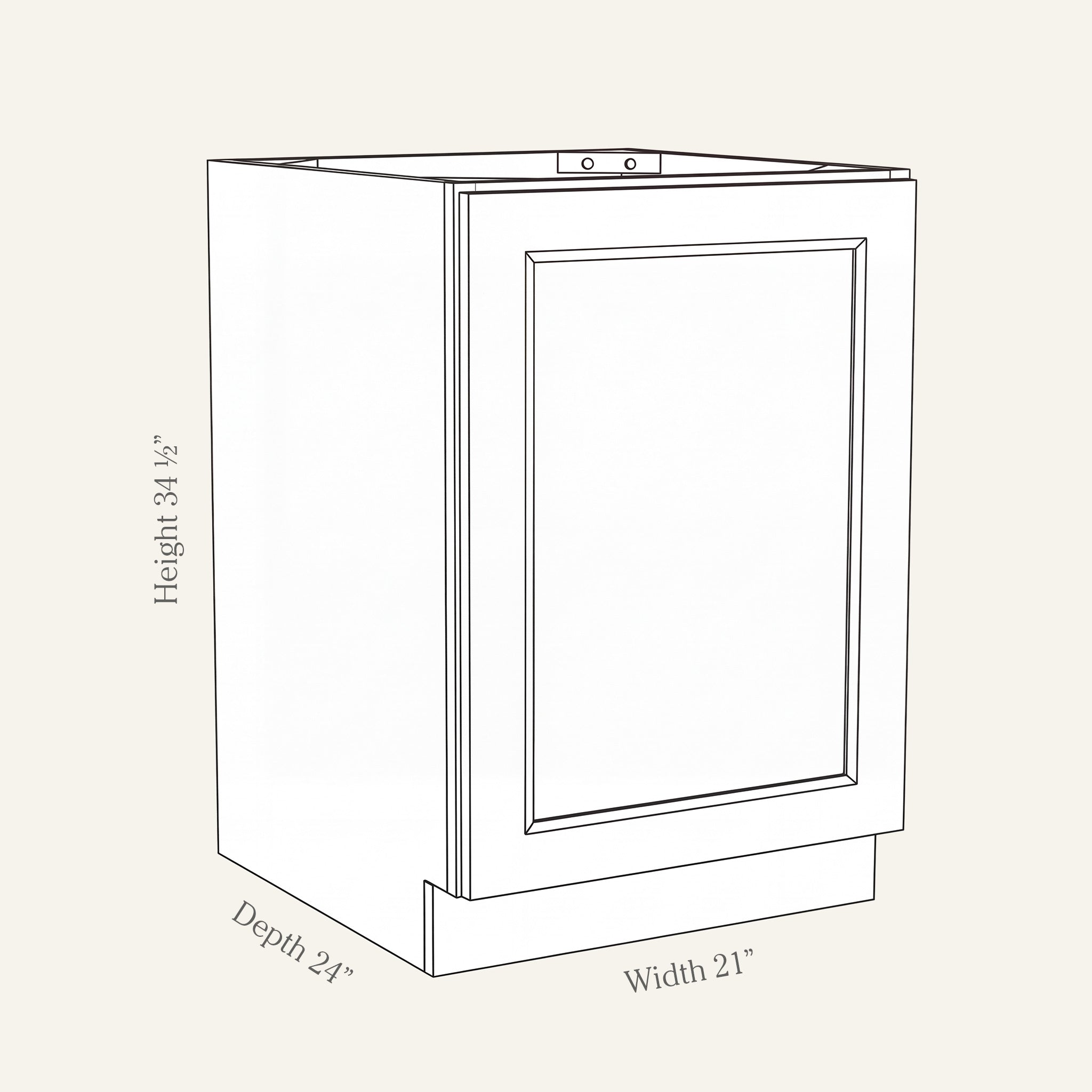 Dimension drawing of a Belmont Shaker full-height base cabinet with 1 door, 21w, 34.5h, 24d.