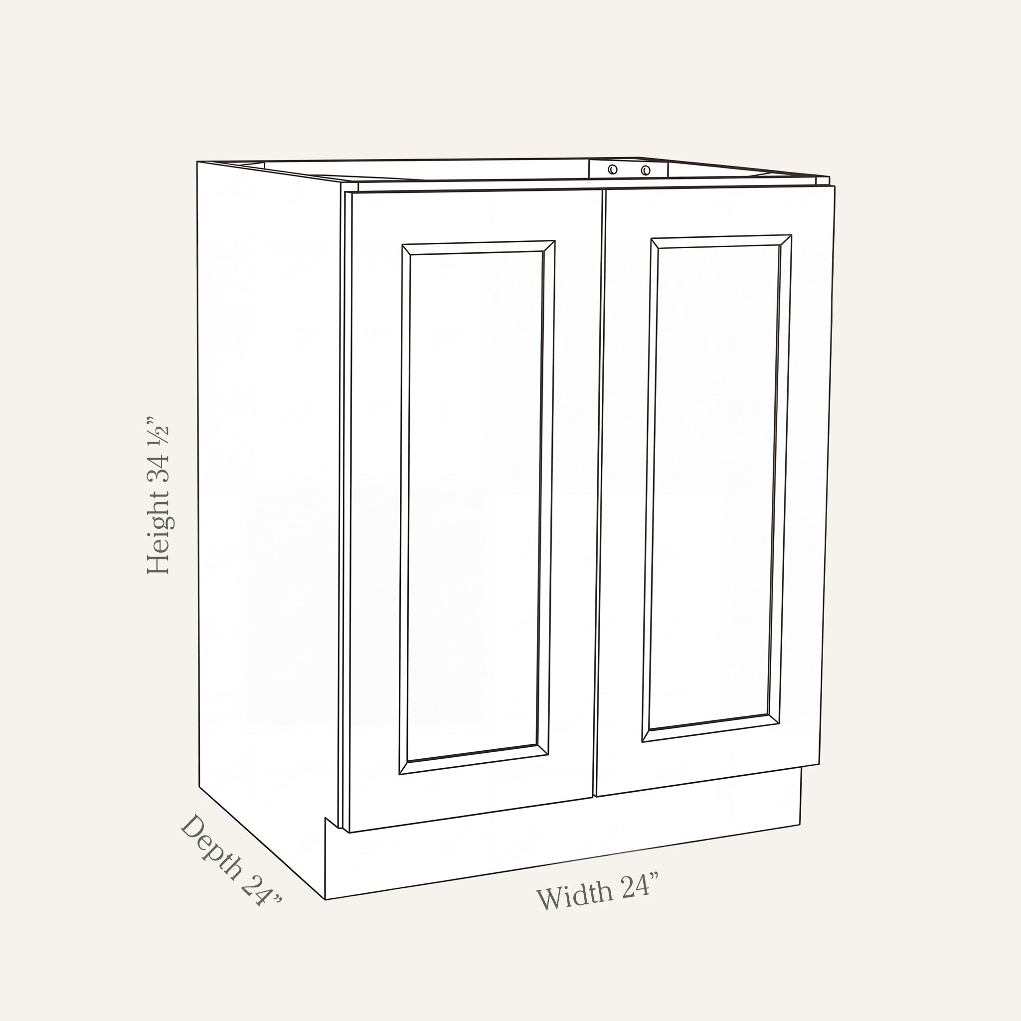 Dimension drawing of a Belmont Shaker full height double door base cabinet, 24w, 34.5h, 24d.