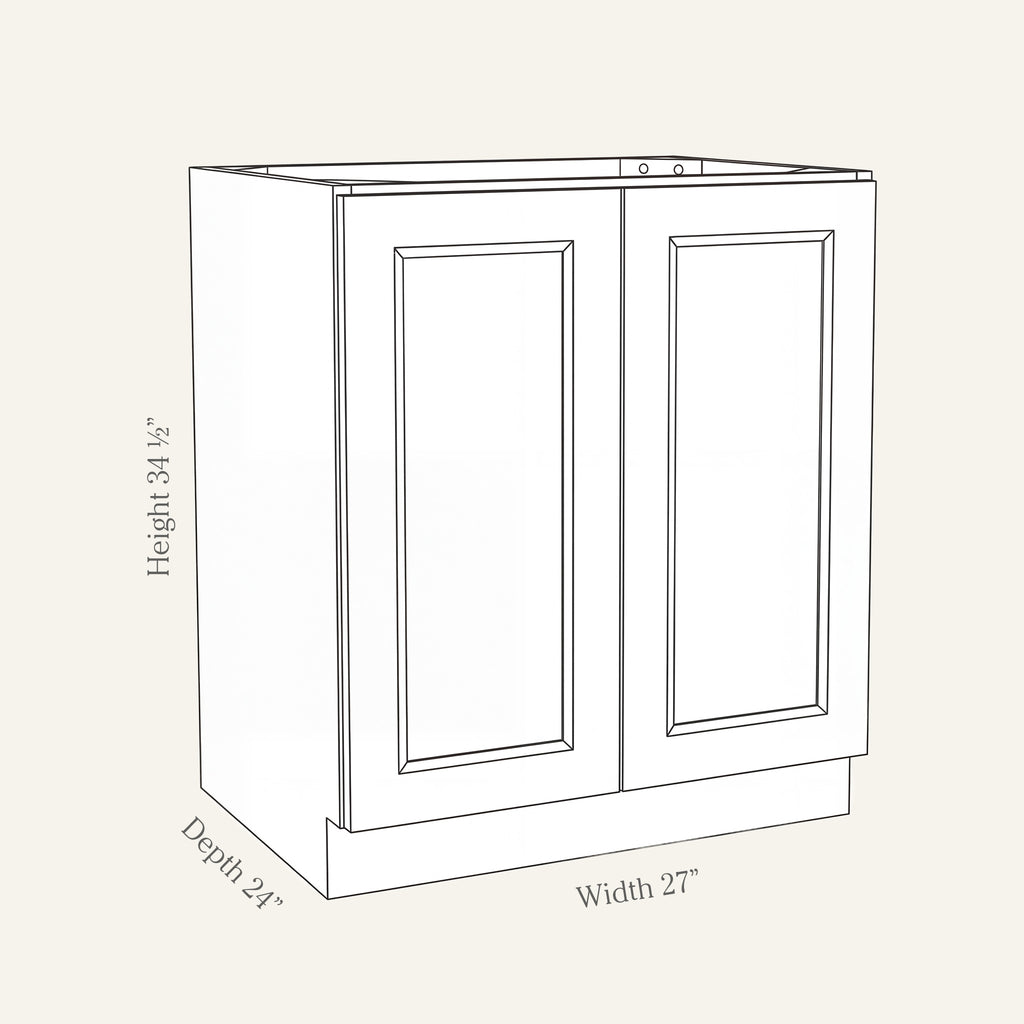 Dimension drawing of a Belmont Shaker full-height double door base cabinet with 2 doors, 27w, 34.5h, 24d.