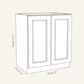 Dimension drawing of a Belmont Shaker full-height double door base cabinet with 2 doors, 27w, 34.5h, 24d.
