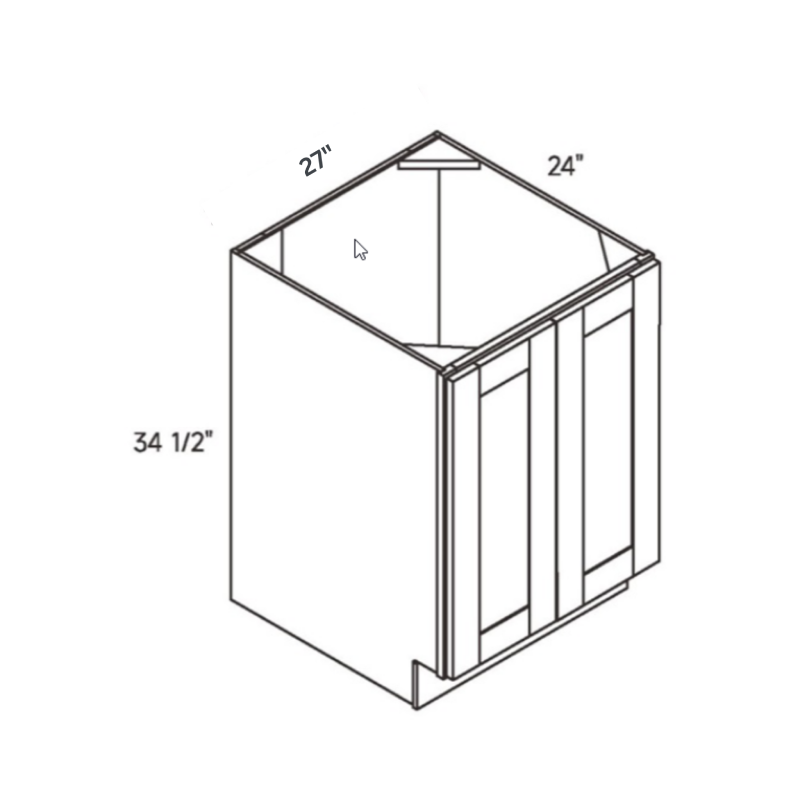 White contemporary shaker full, 27″ wide, 34.5″ high, 24″ deep, shown in a technical line drawing with dimensions. Part of the Belmont line from the Kitchen & Cabinet Store.
