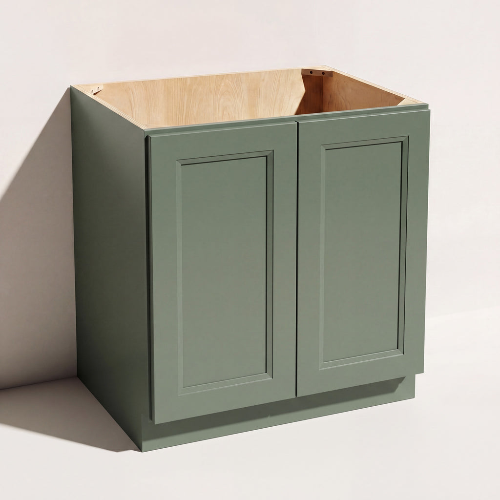 Angled view of a green 30w Belmont beveled Shaker full height double door base cabinet.