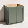 Angled view of a green 30w Belmont beveled Shaker full height double door base cabinet.