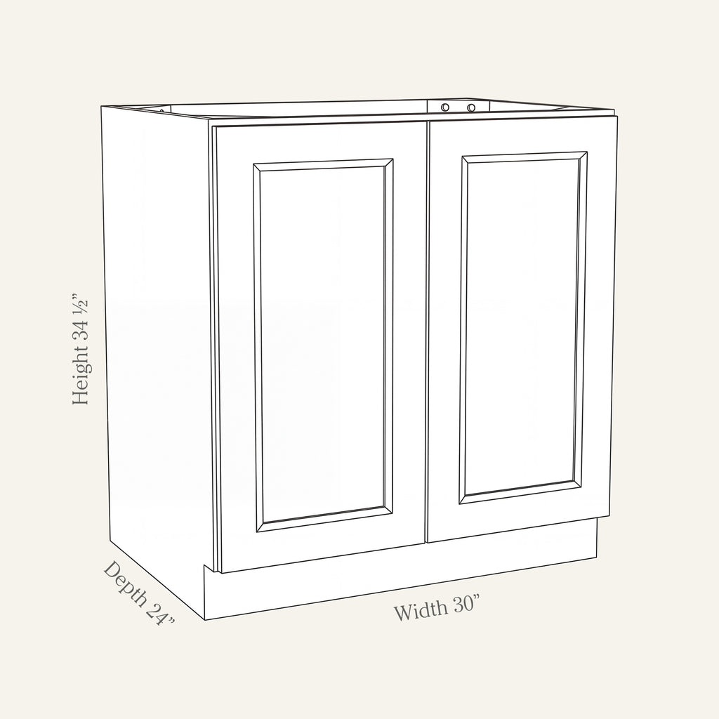 Dimension drawing of a Belmont Shaker full-height double door base cabinet with 2 doors, 30w, 34.5h, 24d.