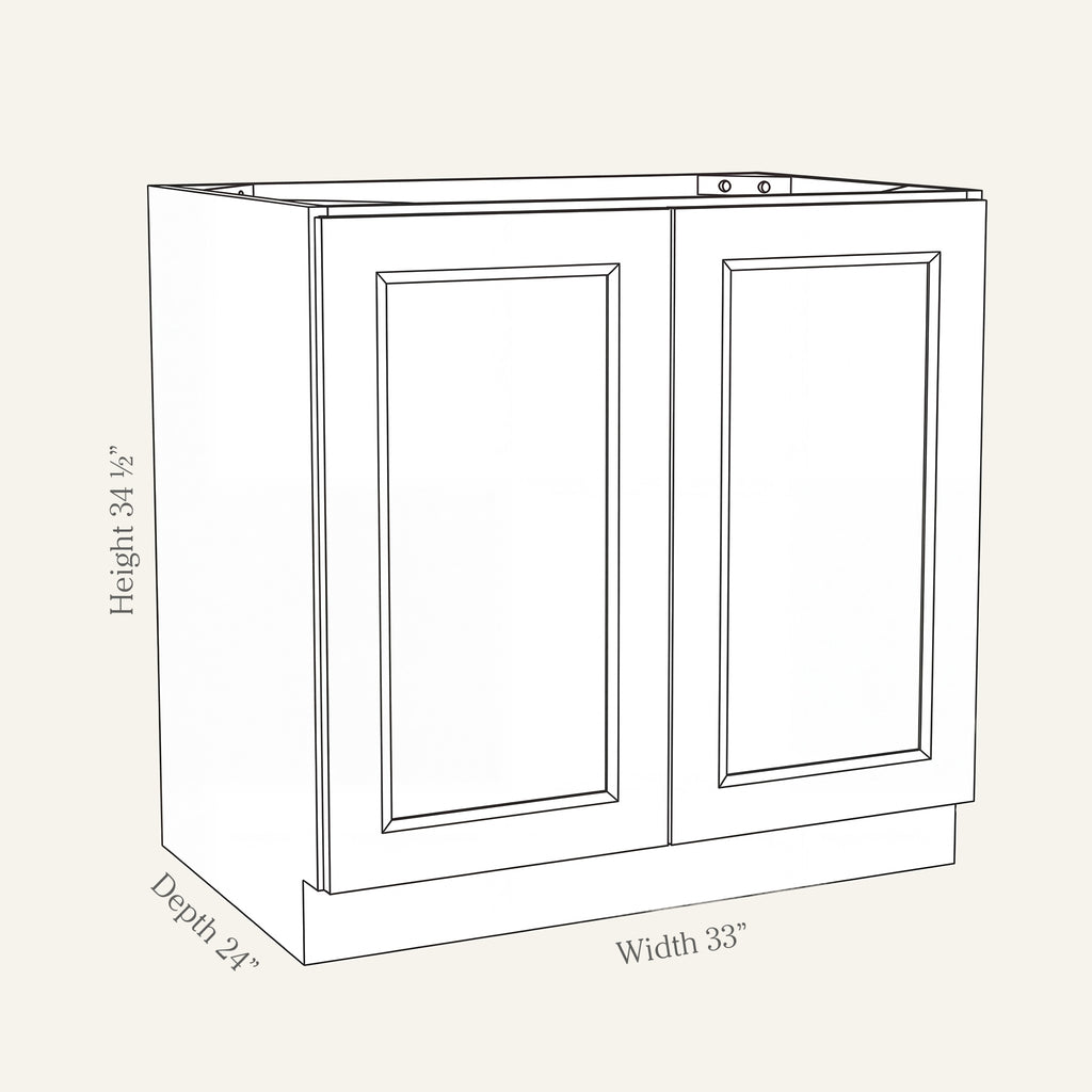 Dimension drawing of a Belmont Shaker full-height double door base cabinet, 33w, 34.5h, 24d.