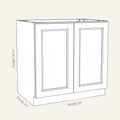 Dimension drawing of a Belmont Shaker full-height double door base cabinet, 33w, 34.5h, 24d.