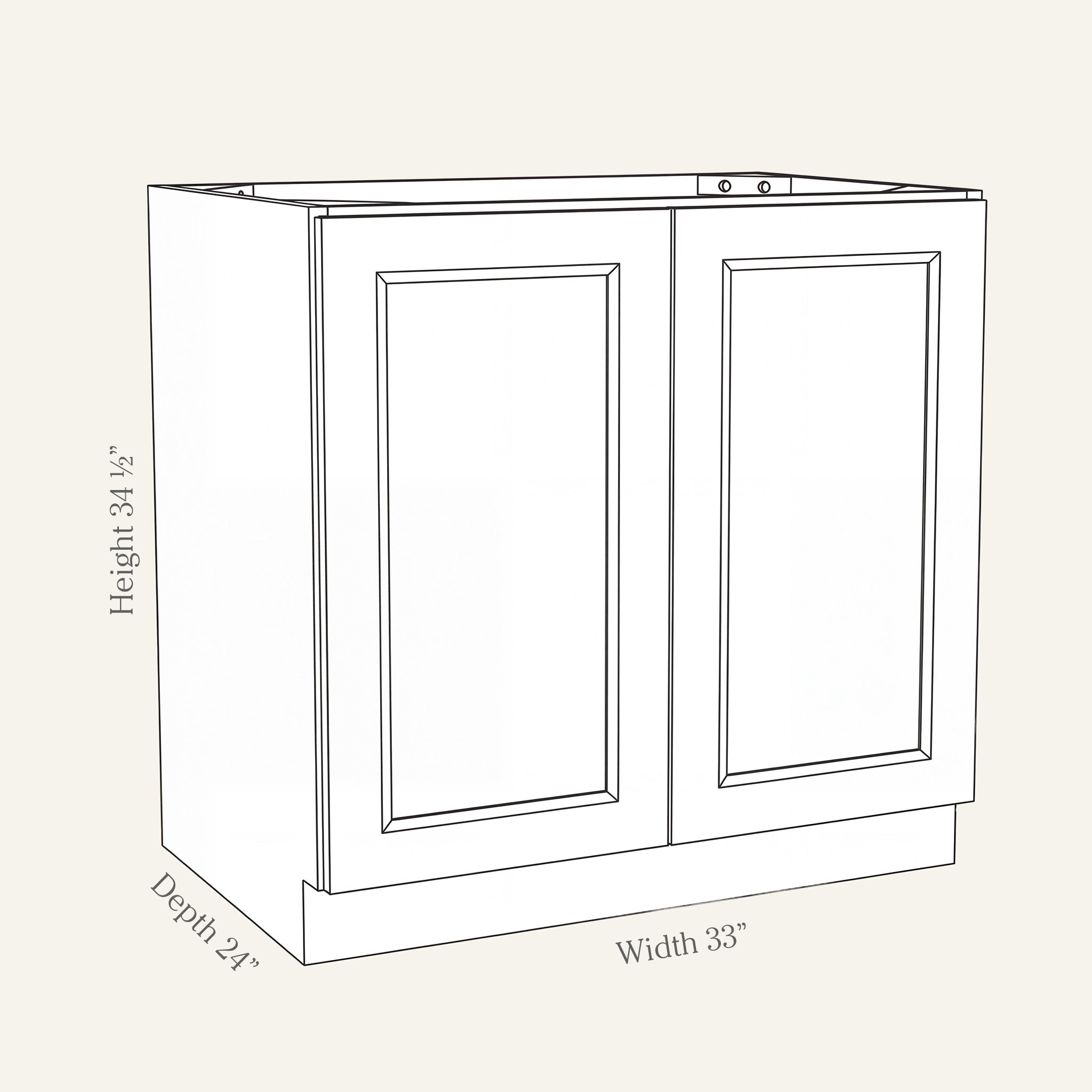Dimension drawing of a Belmont Shaker full-height double door base cabinet, 33w, 34.5h, 24d.