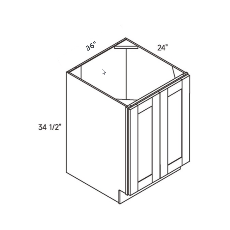 Blue contemporary shaker full, 36″ wide, 34.5″ high, 24″ deep, shown in a technical line drawing with dimensions. Part of the Belmont line from the Kitchen & Cabinet Store.