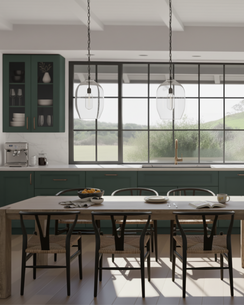Modern kitchen with green cabinets, a dining table, and chairs.