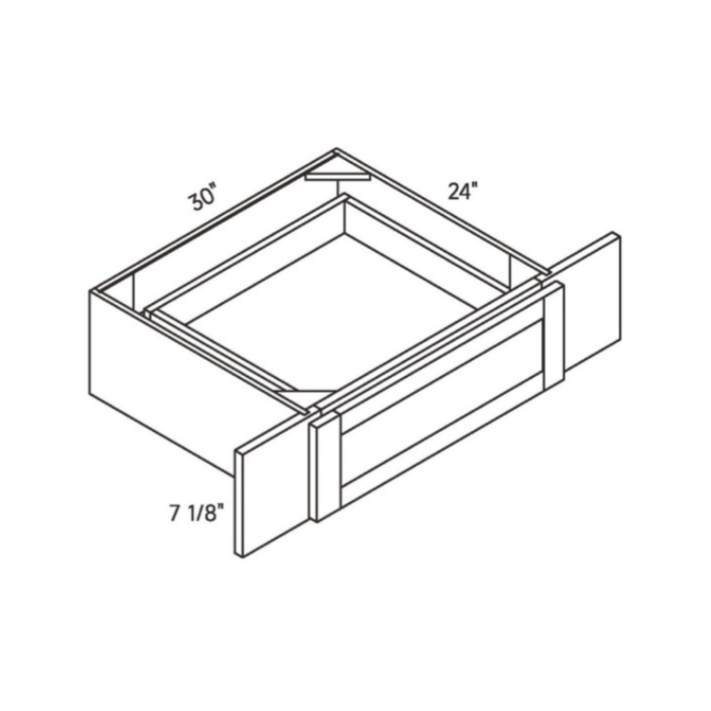 White traditional shaker knee drawer, 30″ wide, 7.13″ high, 24″ deep, shown in a technical line drawing with dimensions. Part of the Seaport line from the Kitchen & Cabinet Store.