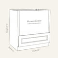 Dimension drawing of a Belmont Shaker microwave base cabinet with 1 drawer and panel to be cut for install, 30w, 34.5h, 24d.