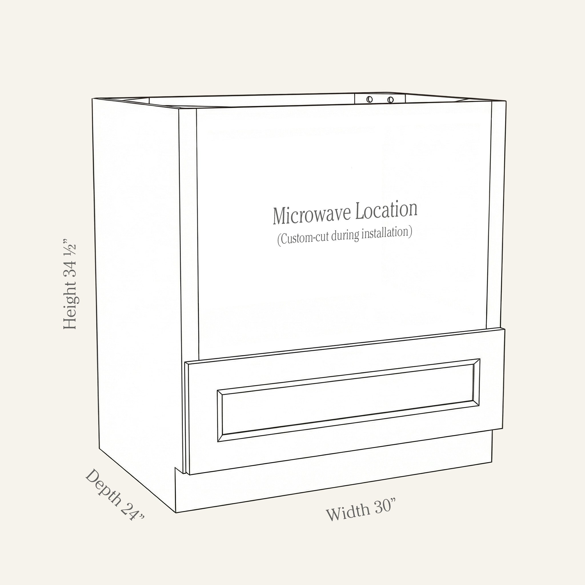 Dimension drawing of a Belmont Shaker microwave base cabinet with 1 drawer and panel to be cut for install, 30w, 34.5h, 24d.