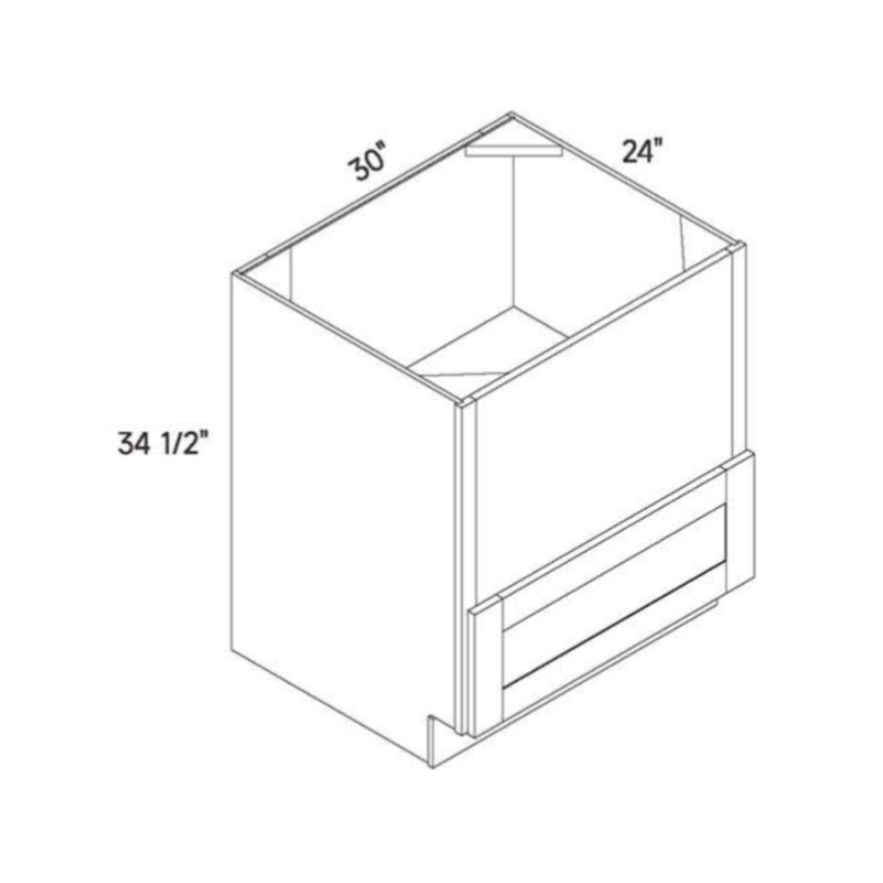 Driftwood traditional shaker microwave base, 30″ wide, 34.5″ high, 24″ deep, shown in a technical line drawing with dimensions. Part of the Seaport line from the Kitchen & Cabinet Store.