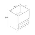 White traditional shaker microwave base, 30″ wide, 34.5″ high, 24″ deep, shown in a technical line drawing with dimensions. Part of the Seaport line from the Kitchen & Cabinet Store.