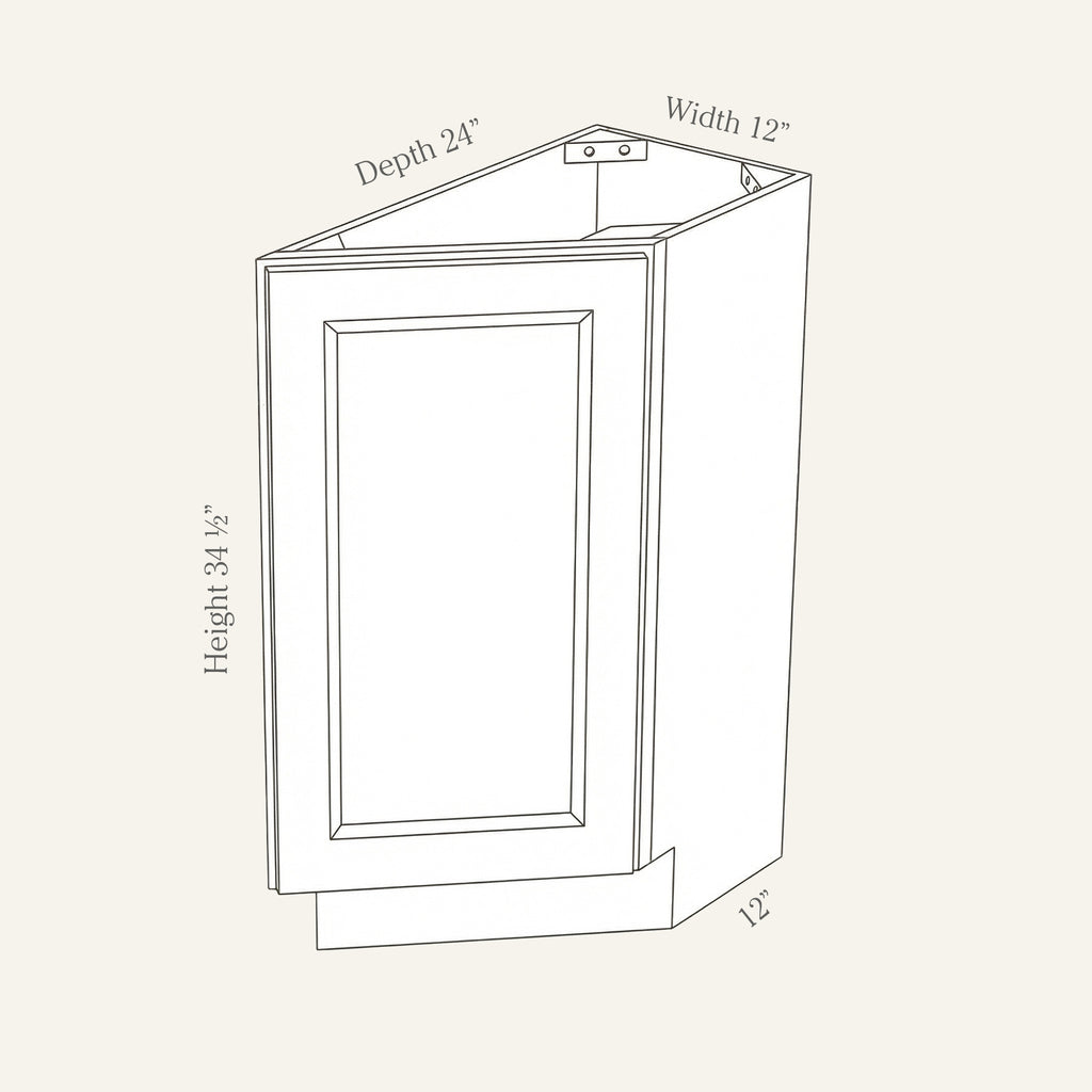 Dimension drawing of a Belmont Shaker transitional tray storage base cabinet with 1 door, 12w, 34.5h, 24d.