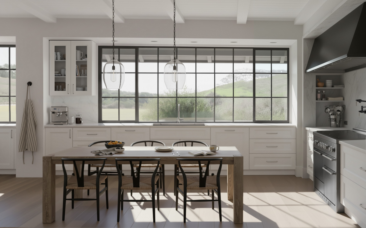 Modern kitchen with a dining area featuring a wooden table and black chairs.