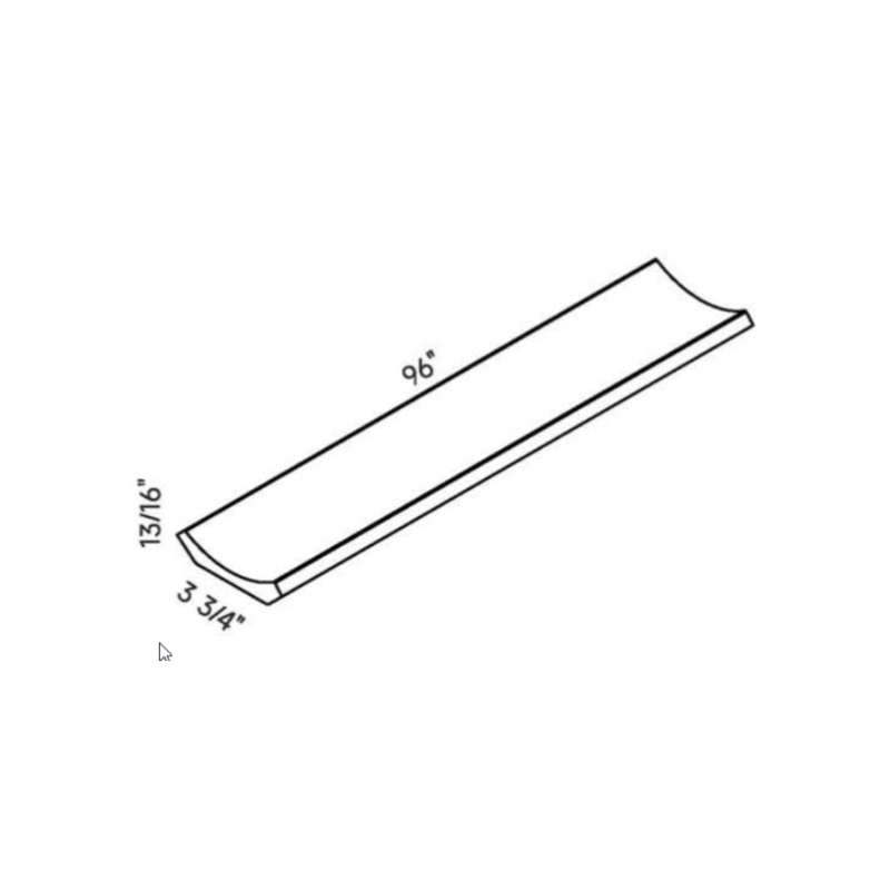 Light Gray Crown Molding traditional shaker, 96″ wide, 3.88″ high, 0.88″ deep, shown in a technical line drawing with dimensions. Part of the Seaport line from the Kitchen & Cabinet Store.