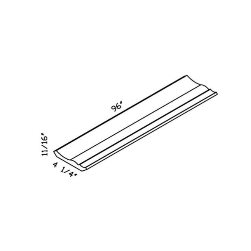 White Large Crown Molding traditional shaker, 96″ wide, 4.25″ high, 0.75″ deep, shown in a technical line drawing with dimensions. Part of the Seaport line from the Kitchen & Cabinet Store.