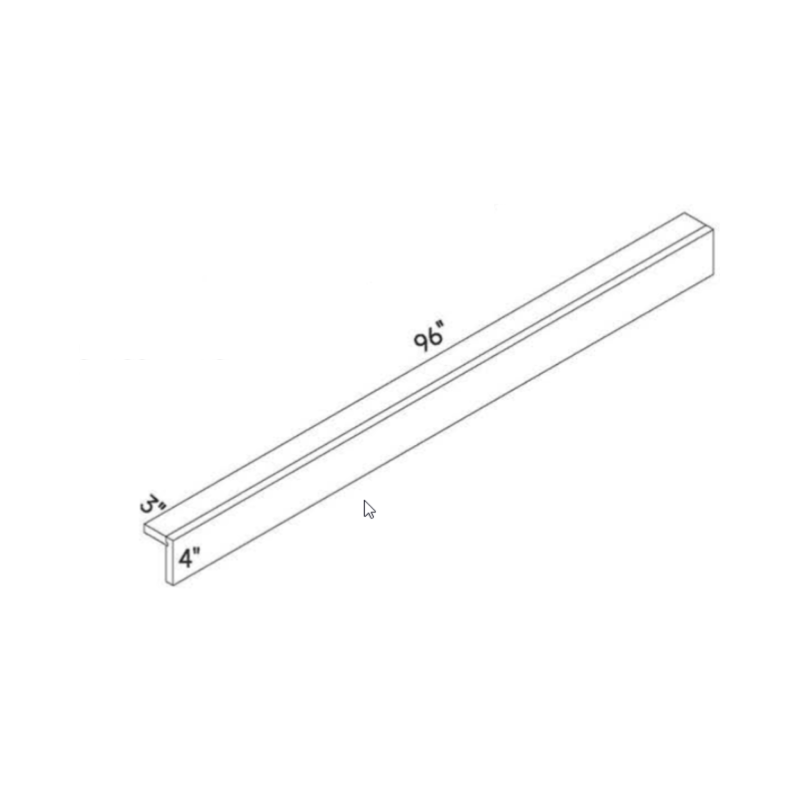 Blue crown riser molding, Contemporary Shaker, 96″W x 4″H x 3″D, Belmont line, illustrated with drafting-style sketch.