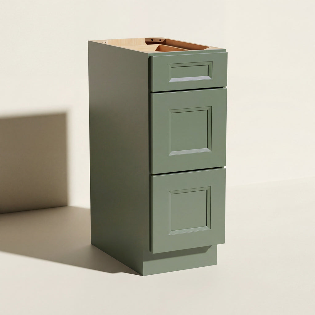 Angled view of a green Belmont beveled Shaker standard narrow 3-drawer base cabinet.