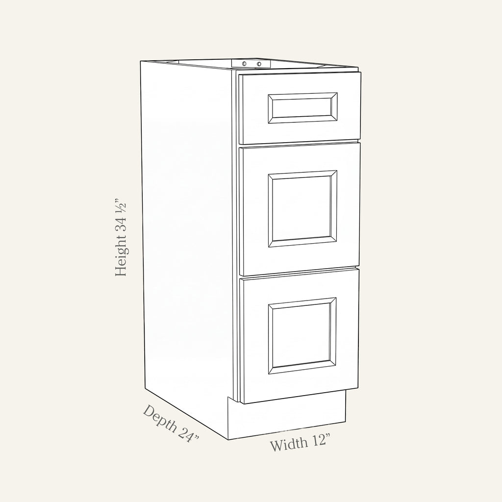 Dimension drawing of a Belmont Shaker 3-drawer base cabinet, 12w, 34.5h, 24d.