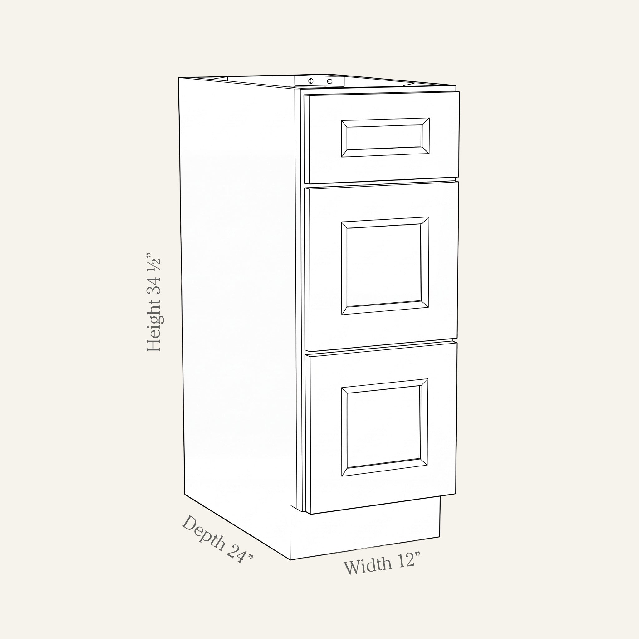 Dimension drawing of a Belmont Shaker 3-drawer base cabinet, 12w, 34.5h, 24d.