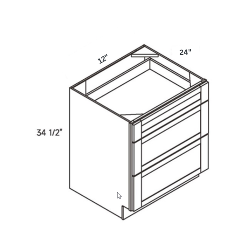 Driftwood traditional shaker 3, 12″ wide, 34.5″ high, 24″ deep, shown in a technical line drawing with dimensions. Part of the Seaport line from the Kitchen & Cabinet Store.