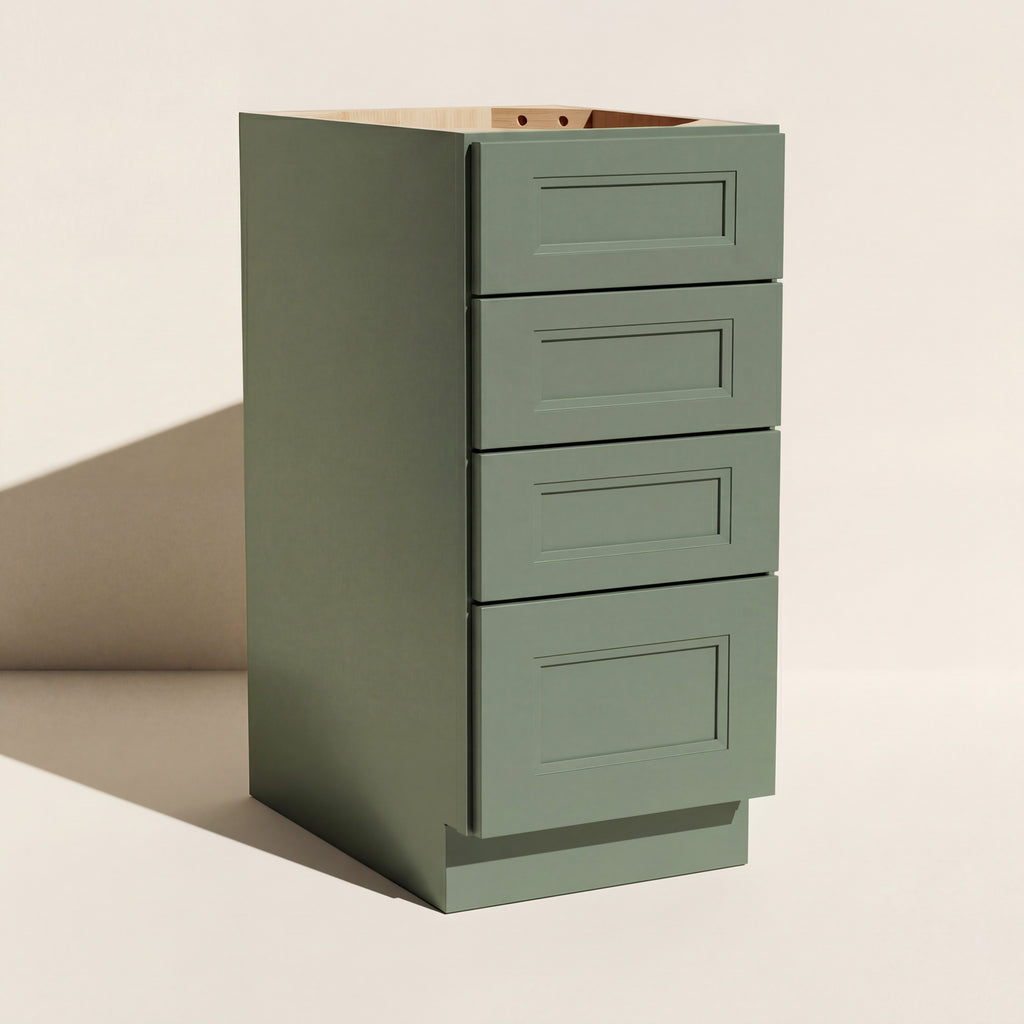 Angled view of a green Belmont beveled Shaker drawer base cabinet with 4 drawers.