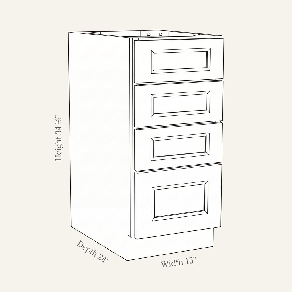 Dimension drawing of a Belmont Shaker 4-drawer base cabinet, 15w, 34.5h, 24d.