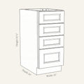 Dimension drawing of a Belmont Shaker 4-drawer base cabinet, 15w, 34.5h, 24d.
