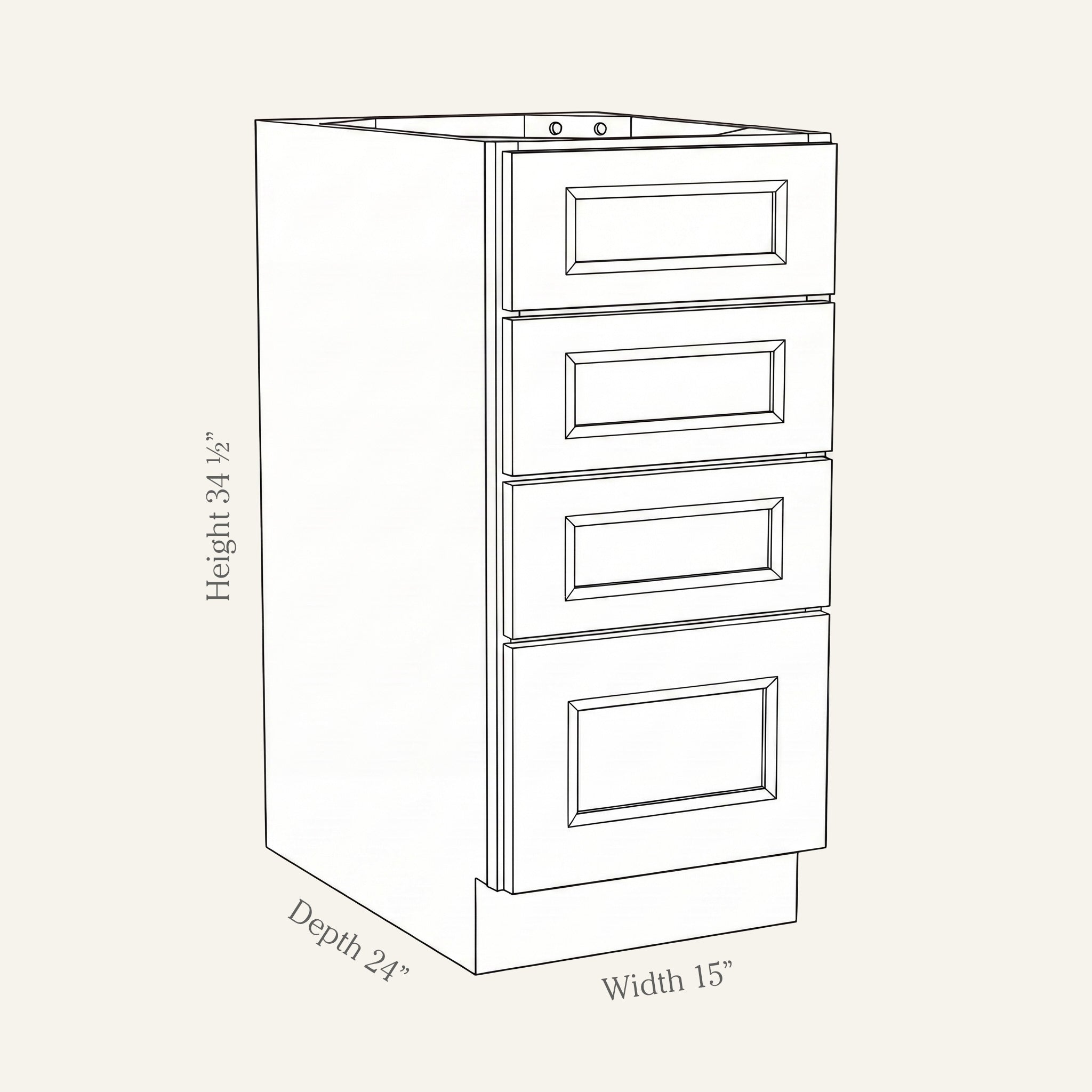 Dimension drawing of a Belmont Shaker 4-drawer base cabinet, 15w, 34.5h, 24d.