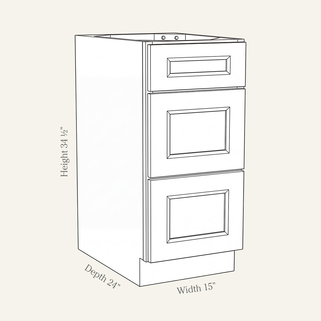 Dimension drawing of a Belmont Shaker drawer base cabinet with 3 drawers, 15w, 34.5h, 24d.