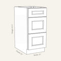 Dimension drawing of a Belmont Shaker drawer base cabinet with 3 drawers, 15w, 34.5h, 24d.
