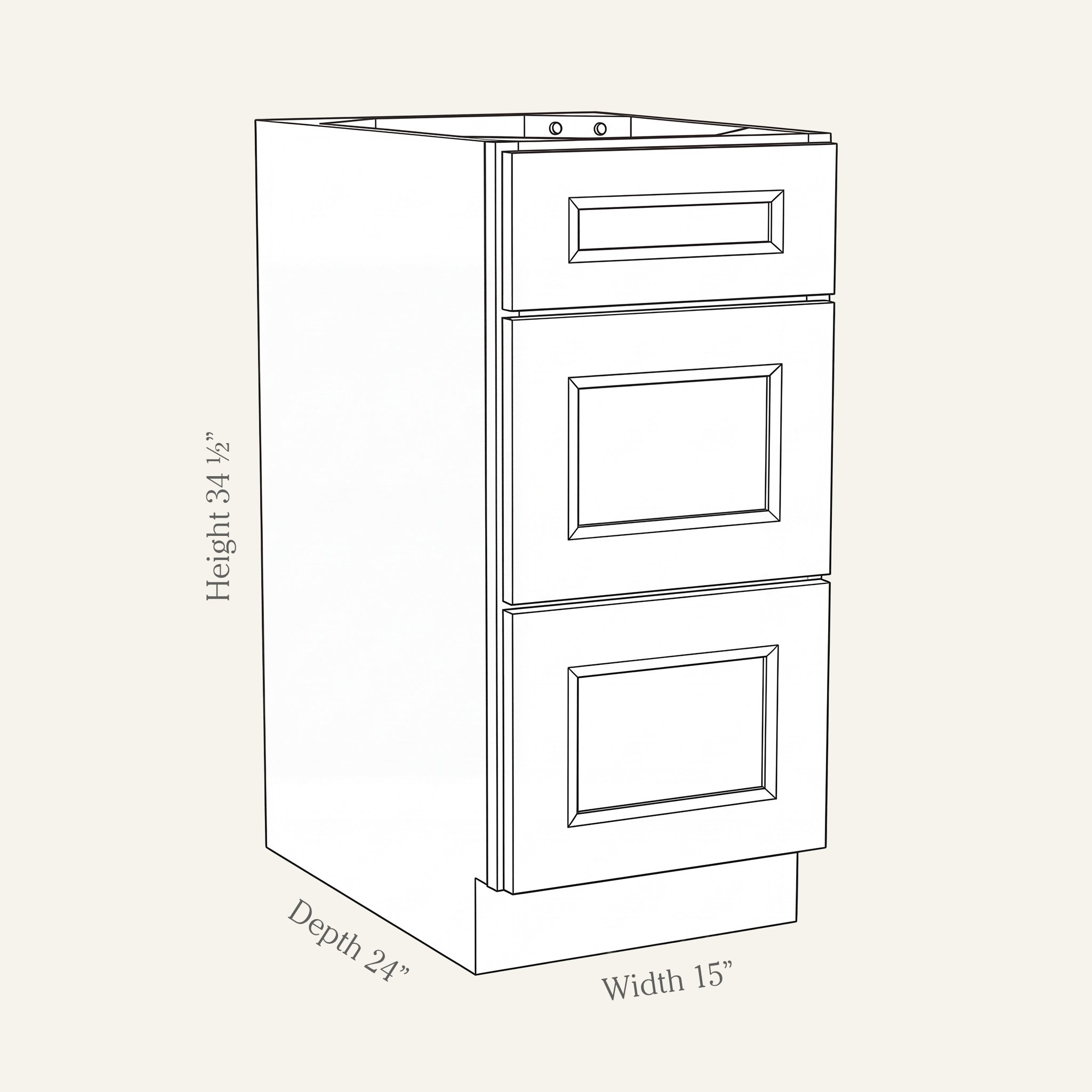 Dimension drawing of a Belmont Shaker drawer base cabinet with 3 drawers, 15w, 34.5h, 24d.