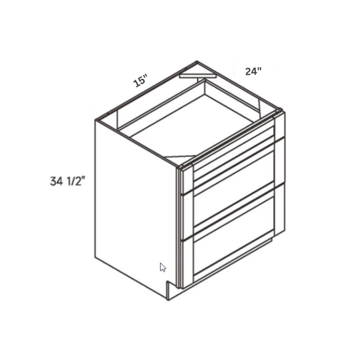Driftwood traditional shaker 3, 15″ wide, 34.5″ high, 24″ deep, shown in a technical line drawing with dimensions. Part of the Seaport line from the Kitchen & Cabinet Store.