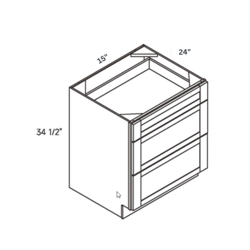 Natural traditional shaker 3, 15″ wide, 34.5″ high, 24″ deep, shown in a technical line drawing with dimensions. Part of the Seaport line from the Kitchen & Cabinet Store.