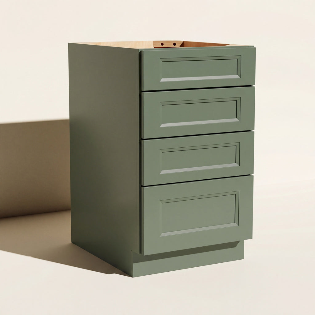 Angled view of a green 18w Belmont Shaker 4-drawer base cabinet with 4 functional drawers.