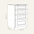 Dimension drawing of a Belmont Shaker drawer base cabinet with 4 drawers, 18w, 34.5h, 24d.