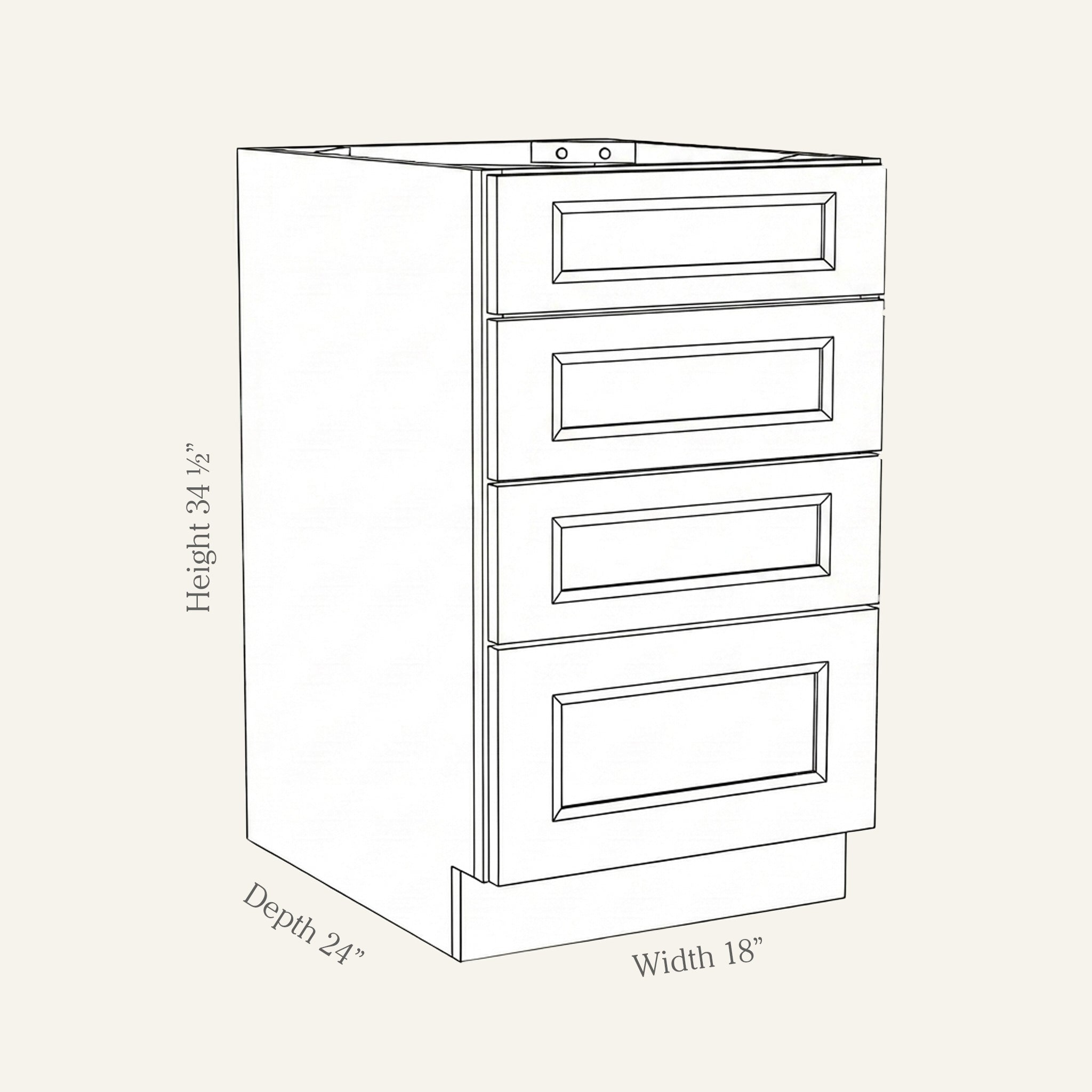 Dimension drawing of a Belmont Shaker drawer base cabinet with 4 drawers, 18w, 34.5h, 24d.