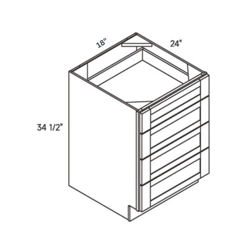 Driftwood traditional shaker 4, 18″ wide, 34.5″ high, 24″ deep, shown in a technical line drawing with dimensions. Part of the Seaport line from the Kitchen & Cabinet Store.