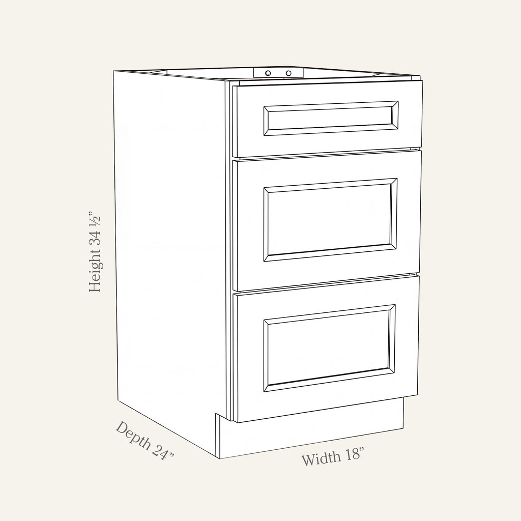 Dimension drawing of a Belmont Shaker 3-drawer base cabinet, 18w, 34.5h, 24d.