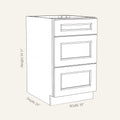 Dimension drawing of a Belmont Shaker 3-drawer base cabinet, 18w, 34.5h, 24d.