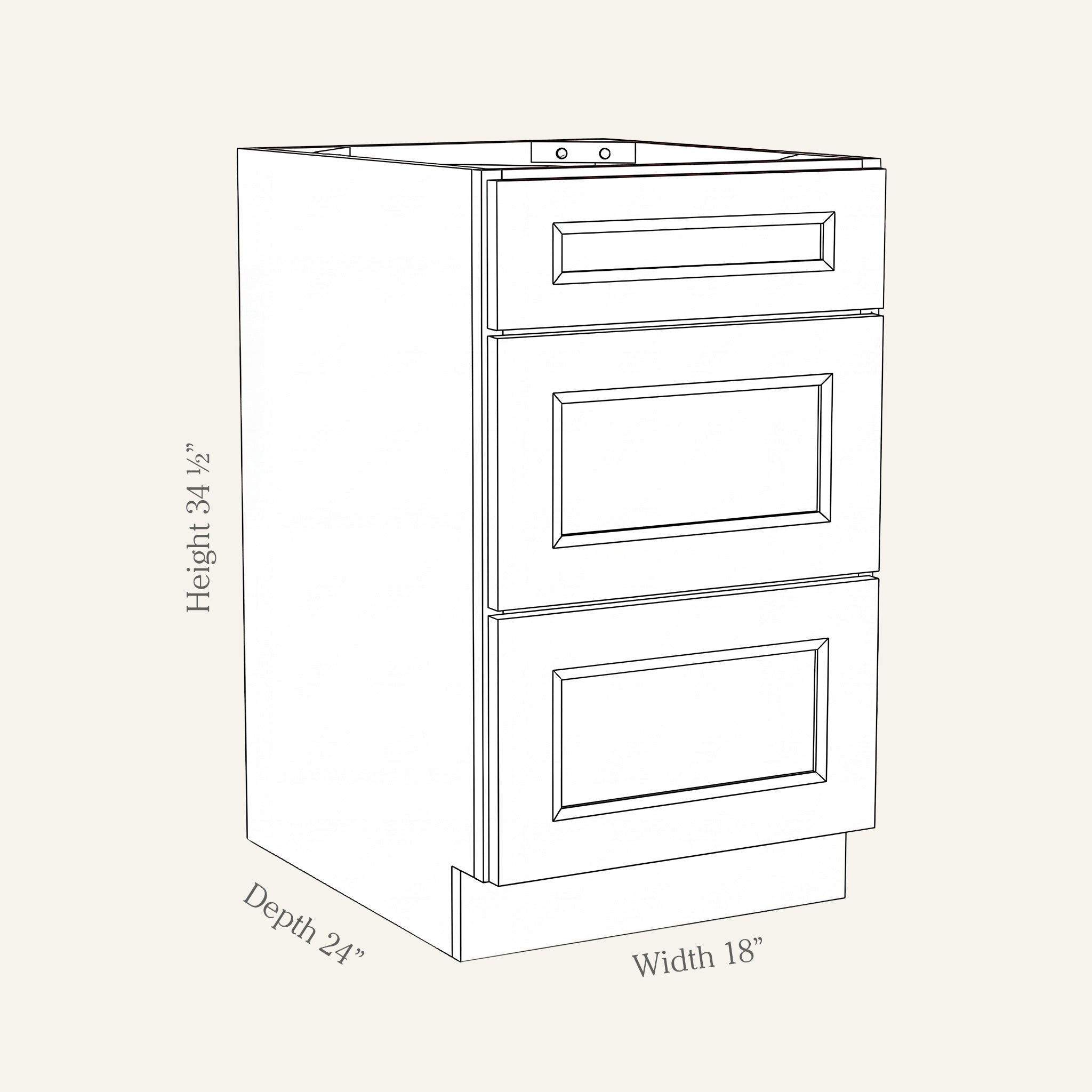 Dimension drawing of a Belmont Shaker 3-drawer base cabinet, 18w, 34.5h, 24d.