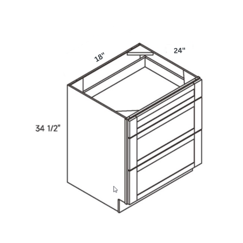 Driftwood traditional shaker 3, 18″ wide, 34.5″ high, 24″ deep, shown in a technical line drawing with dimensions. Part of the Seaport line from the Kitchen & Cabinet Store.